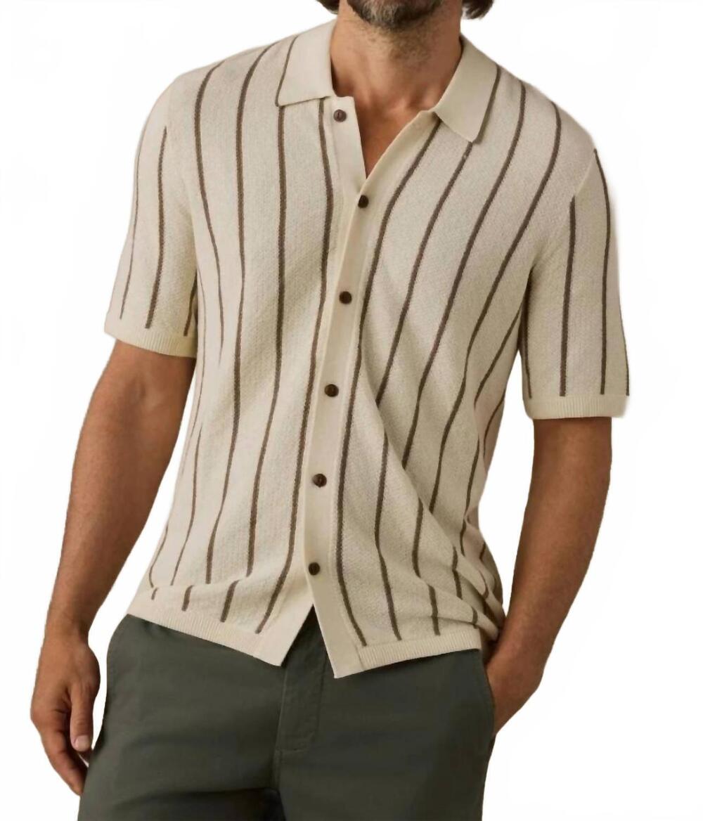 NEW FAHERTY short sleeves sweater shirt in cream walnut stripe